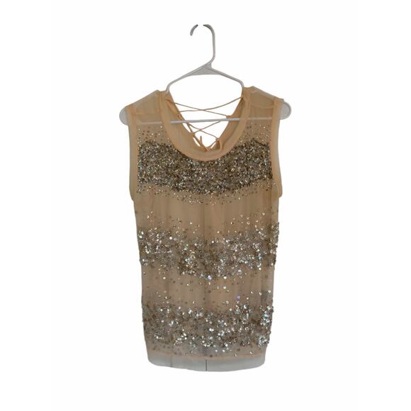 All Saints Women's Medium Beige Round Neck Top Restrain Beaded Hand Embellished - Picture 1 of 13